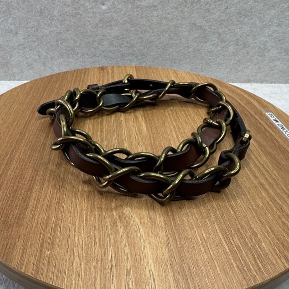 Abercrombie Fitch Womens Leather Chain Belt XS S Brown Metal Buckle Y2K Hip Belt - Picture 3 of 11